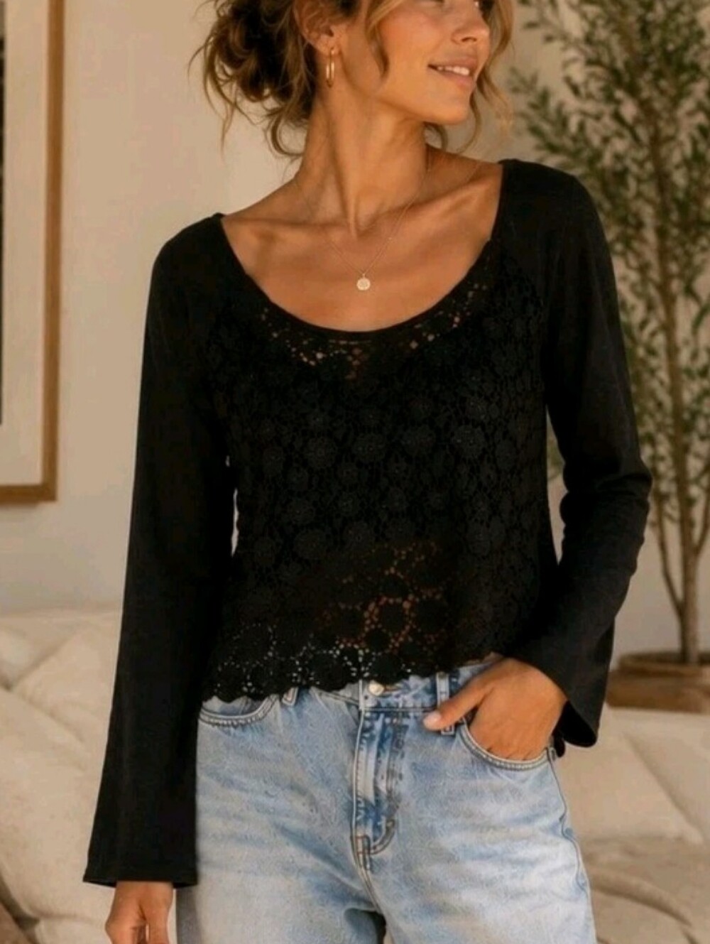 Free People Crocheted Floral Raglan Sleeve Cotton Top Boho Festival Women's L